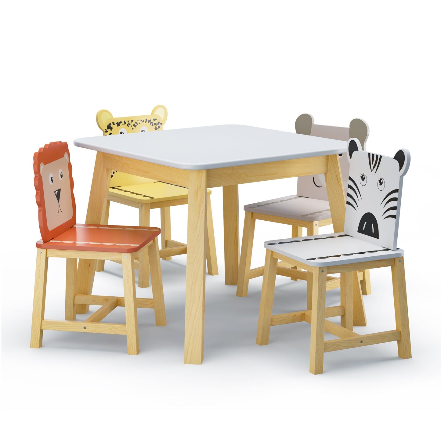 5 Piece Kiddy Table and Chair Set Kids Wood Table with 4 Chairs Set Cartoon Animals (bigger table) (3-8 years old)