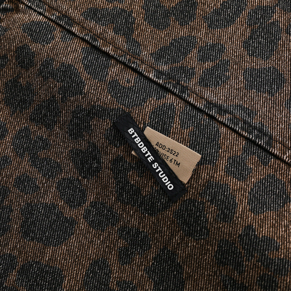 Leopard Print Denim Jacket Style Men's Punk Spring and Autumn Loose Casual Washed Open Front Zipper Collar Outerwear