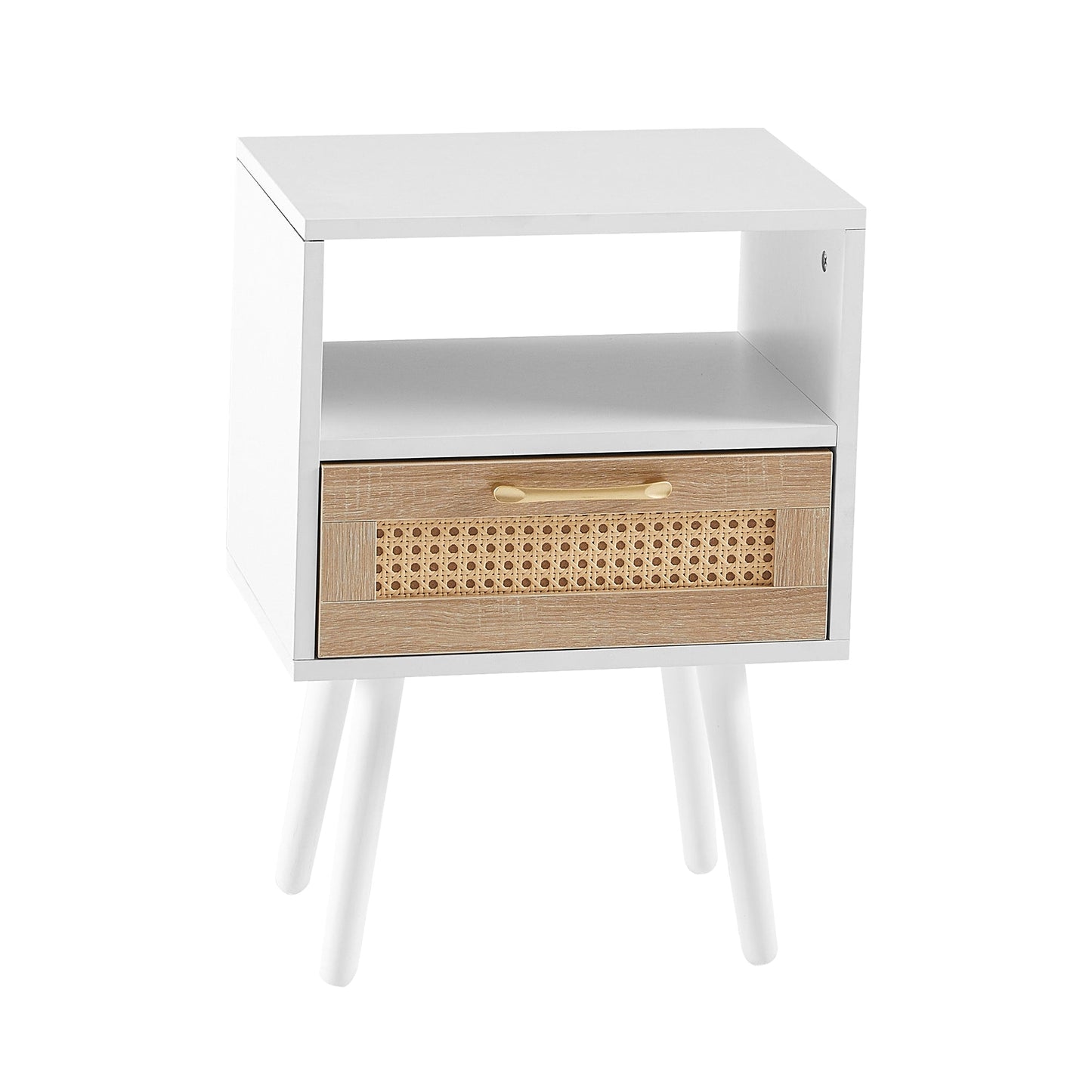 15.75" Rattan End table with drawer and solid wood legs Modern nightstand side table for living room white