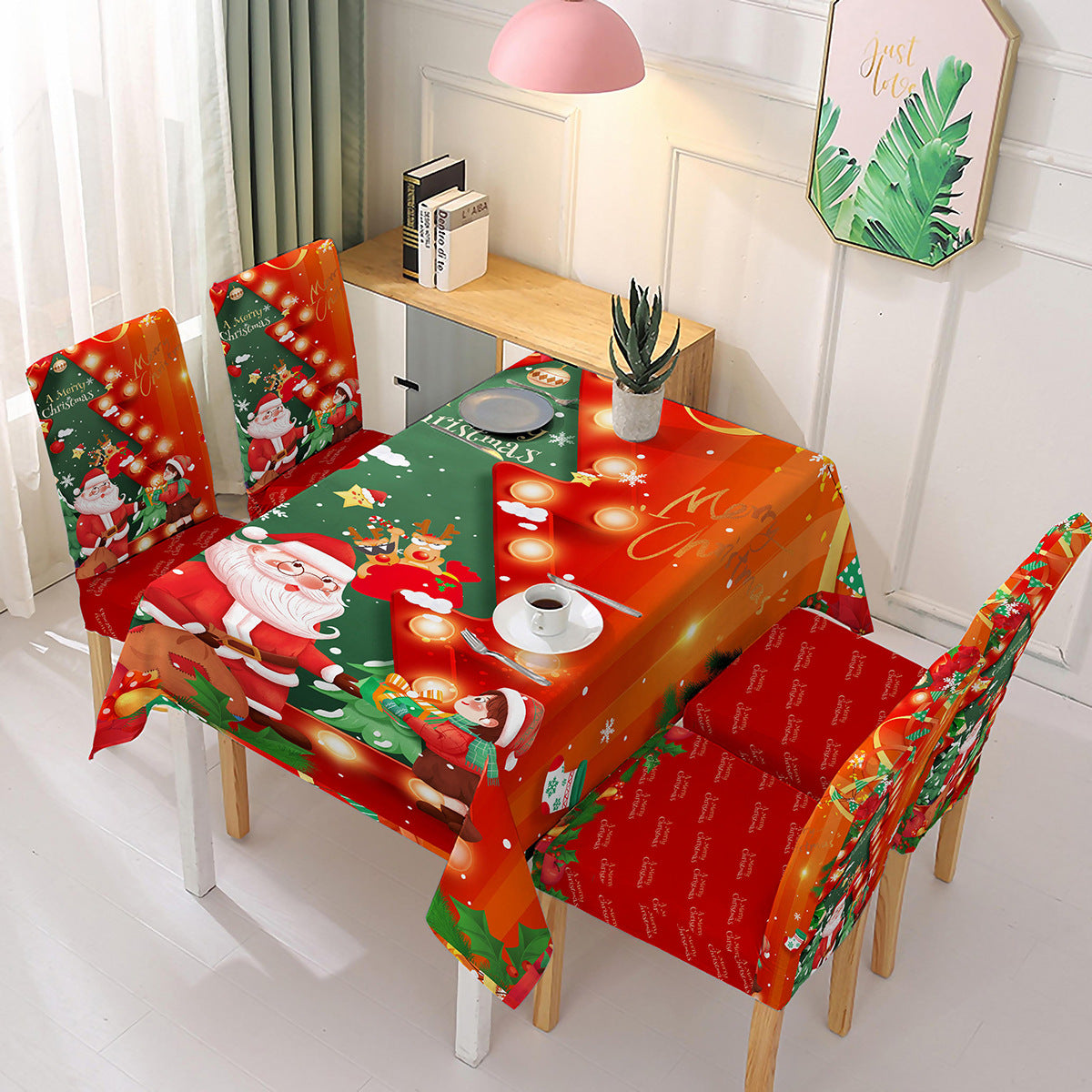 Christmas new polyester waterproof tablecloth one-piece printed chair cover festive decoration cartoon Santa Claus