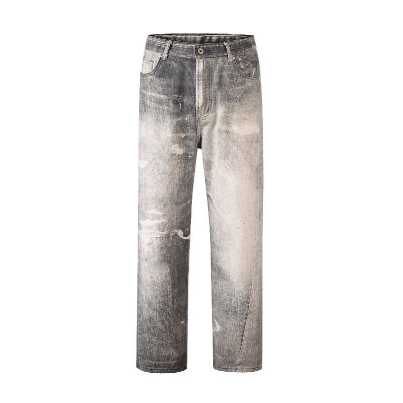 Digital Printed Gray White Washed Distressed Jeans