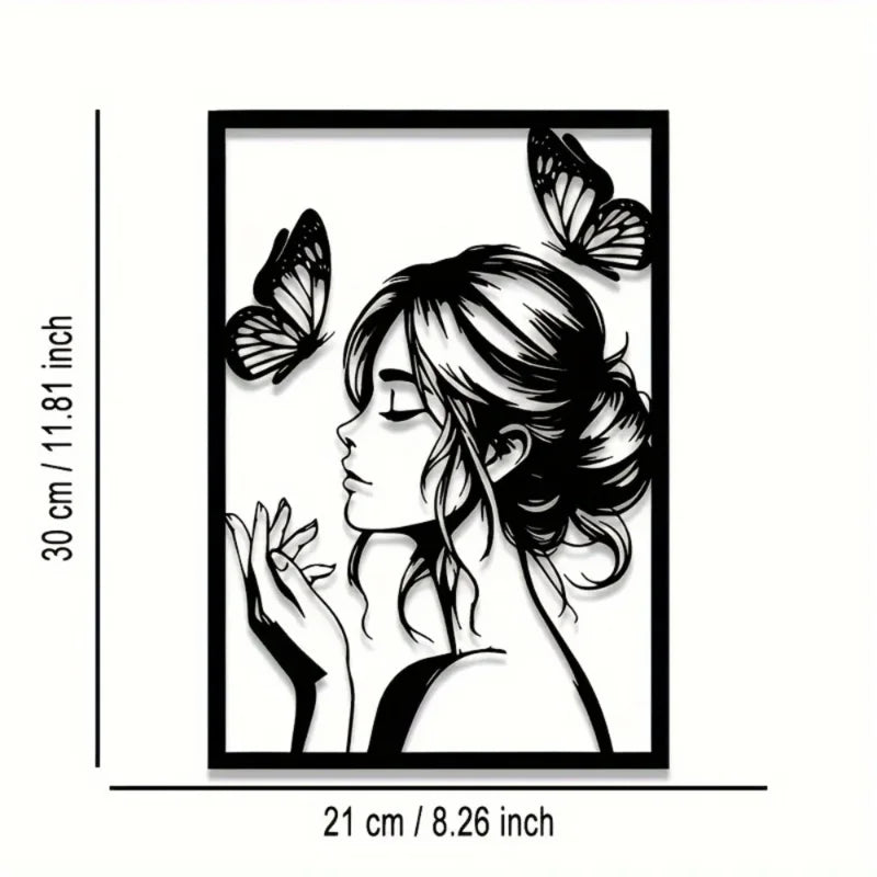 Metal Wall Art with Woman & Butterfly – Elegant Framed Decor for Room, Patio, Terrace, Perfect Gift for Her