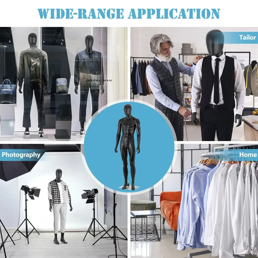 Male Dress Form 73'' Height Full Body Adjustable Mannequin for Display Black