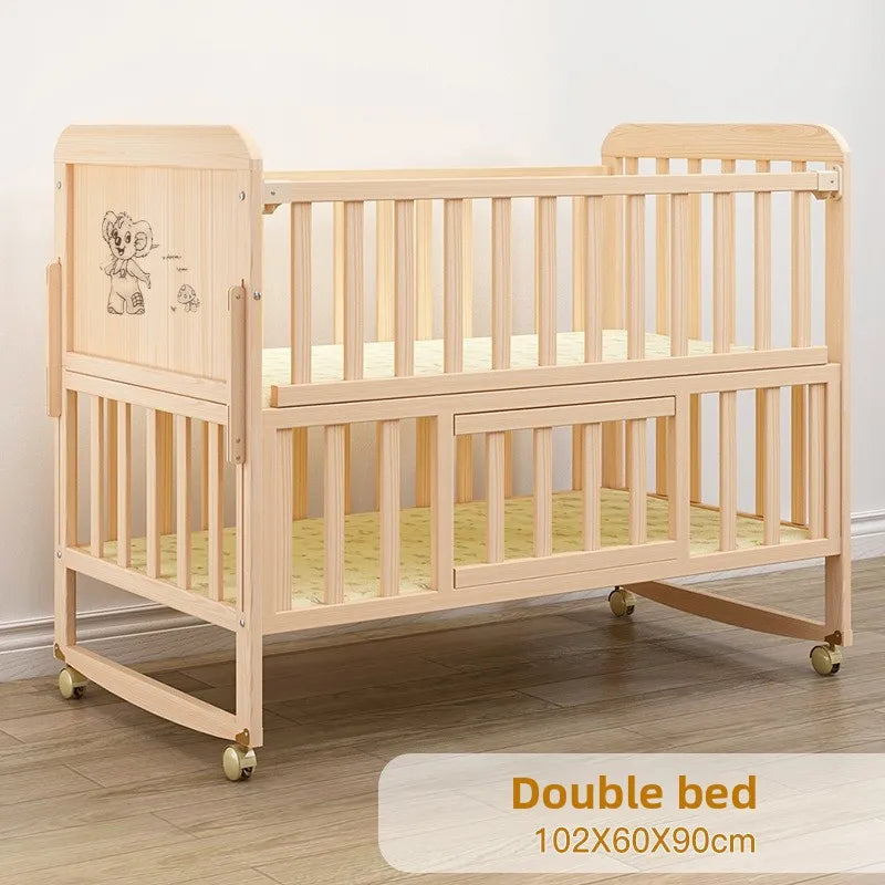 Children Bed Solid Wood Baby Crib Convertible Toddler Bed Portable Bassinet Nontoxic Finish Adjustable Mattress Easy Assembly