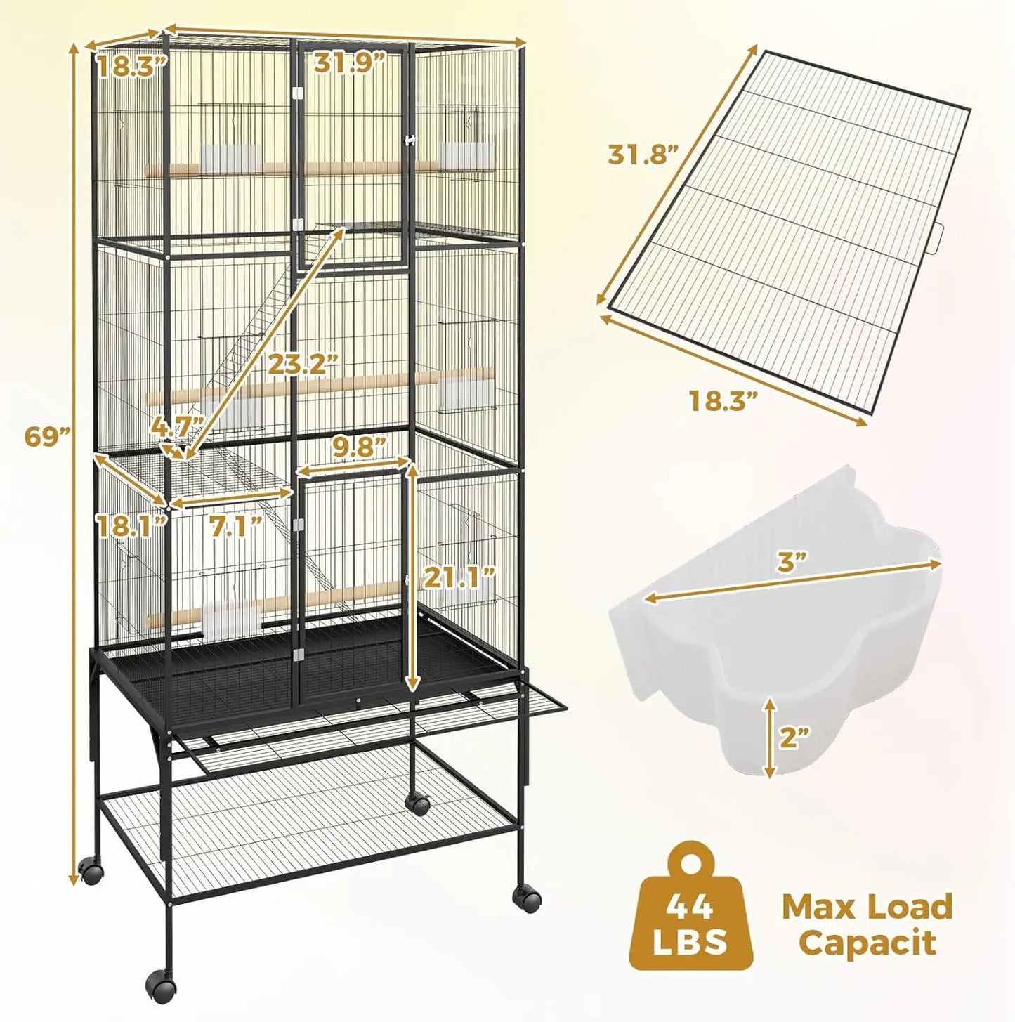 69-Inch Extra Large Rolling Bird Cage for Parrots and Cockatiels Flight Cage with Storage Shelf,Feed Bowls & Wood Perches