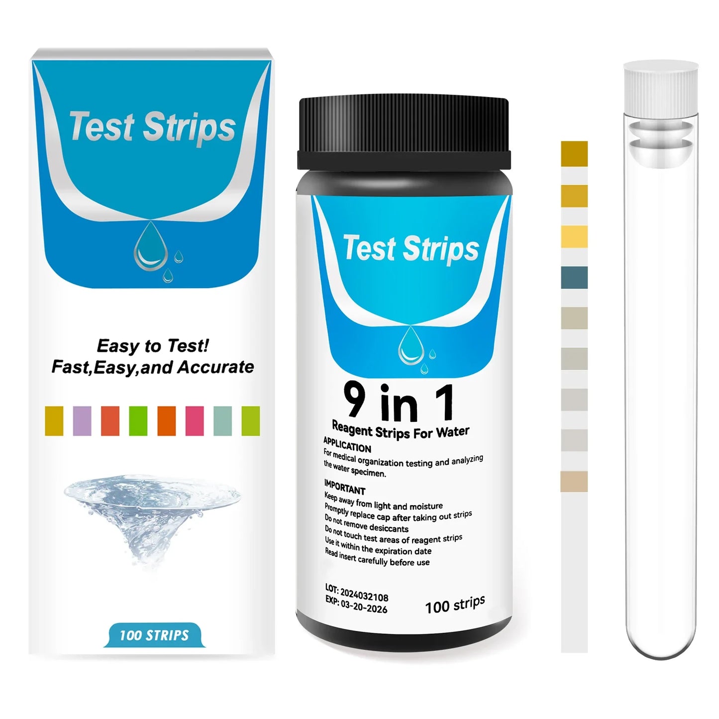 100 Pcs 9-IN-1/7-IN-1 Aquarium Test Strips Fast Accurate Fish Tank Test Kit with Test Tube Water Quality Monitor pH Test Strips