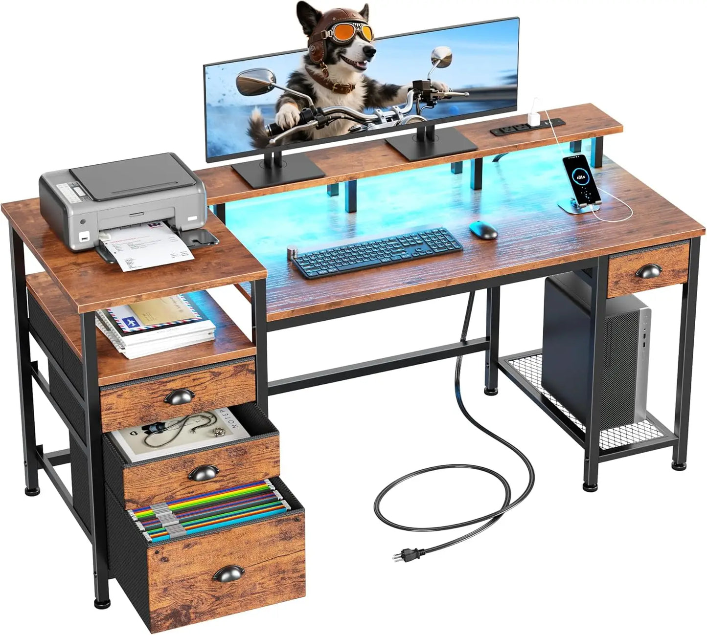 60" Black Computer Desk with 4 Drawers and Printer Space, Gaming Desk with LED Lights and USB Power Outlets, Home Office Desk