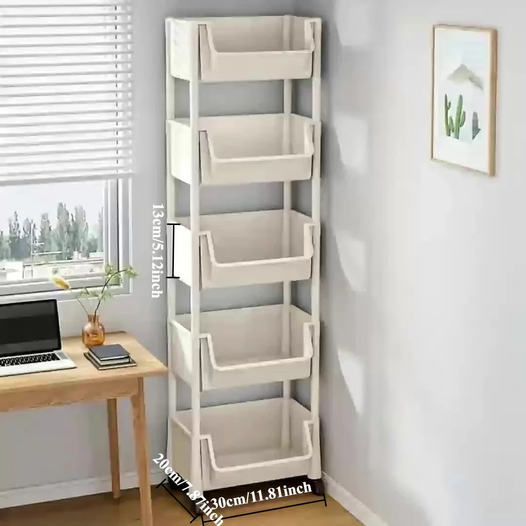 5-tier Storage Rack Storage Cart Bookshelf - Mobile Storage Rack with Wheels for Living Room Bedroom Dormitory Book Storage Rack