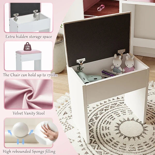 Vanity Desk with Glass Top and 11 Bulbs, 3 Color Lighting Modes, Makeup Vanity with Pink Finish