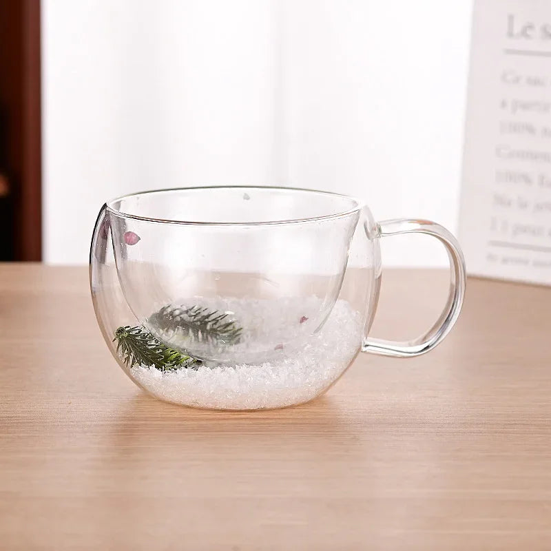 200/350ML Christmas Mug Double Wall Glass Cup Snow Scene Coffee Cup Heat Resistant Juice Milk Glass Water Cup Christmas Gift