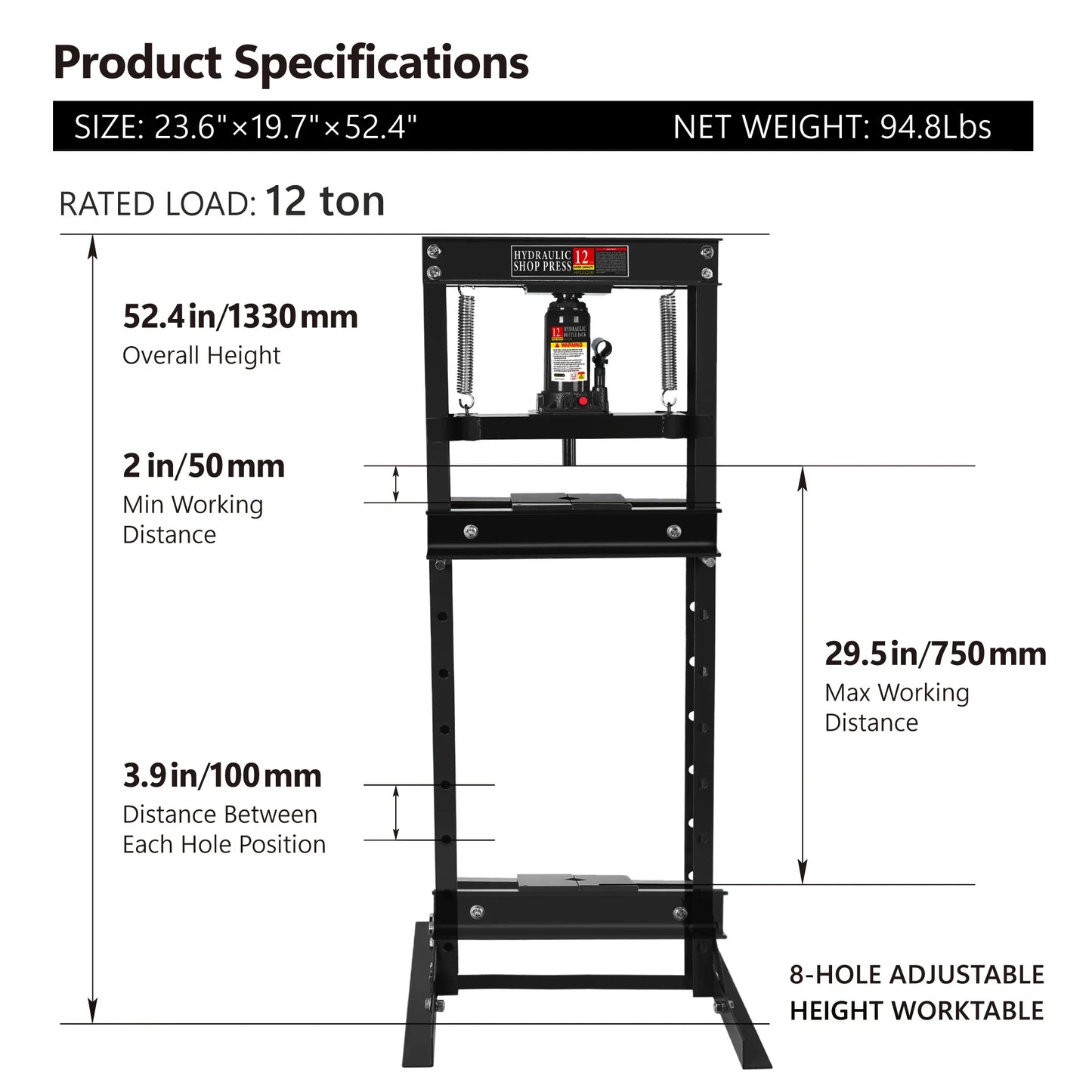 12 Ton Hydraulic Shop Press h-Frame Bench Press with Pressure Gauge Bearing Press for Automotive Repair Garage Metalworking Tool