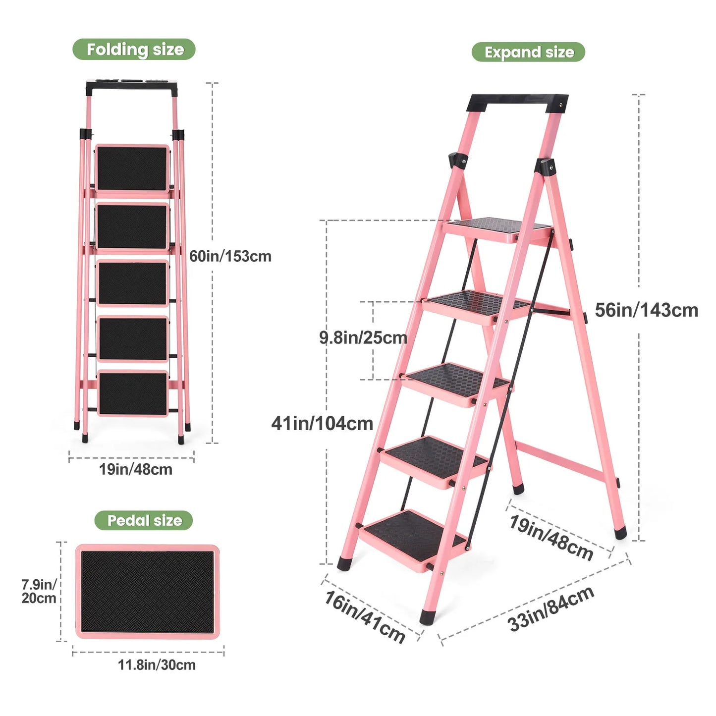 Step Ladder, Folding Step Stool, Heavy-Duty Step Ladder Stool with Handrail Wide Pedal, Anti-Slip Step Ladder with Handgrip