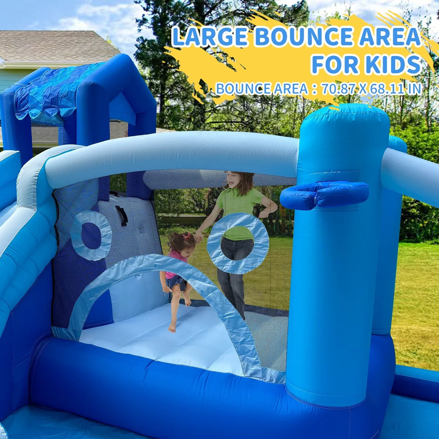Inflatable Water Slide Park-Huge Splash Pool-Easy to Set Up & Inflate with Air Blower,Bule Water Slid Outdoor Use