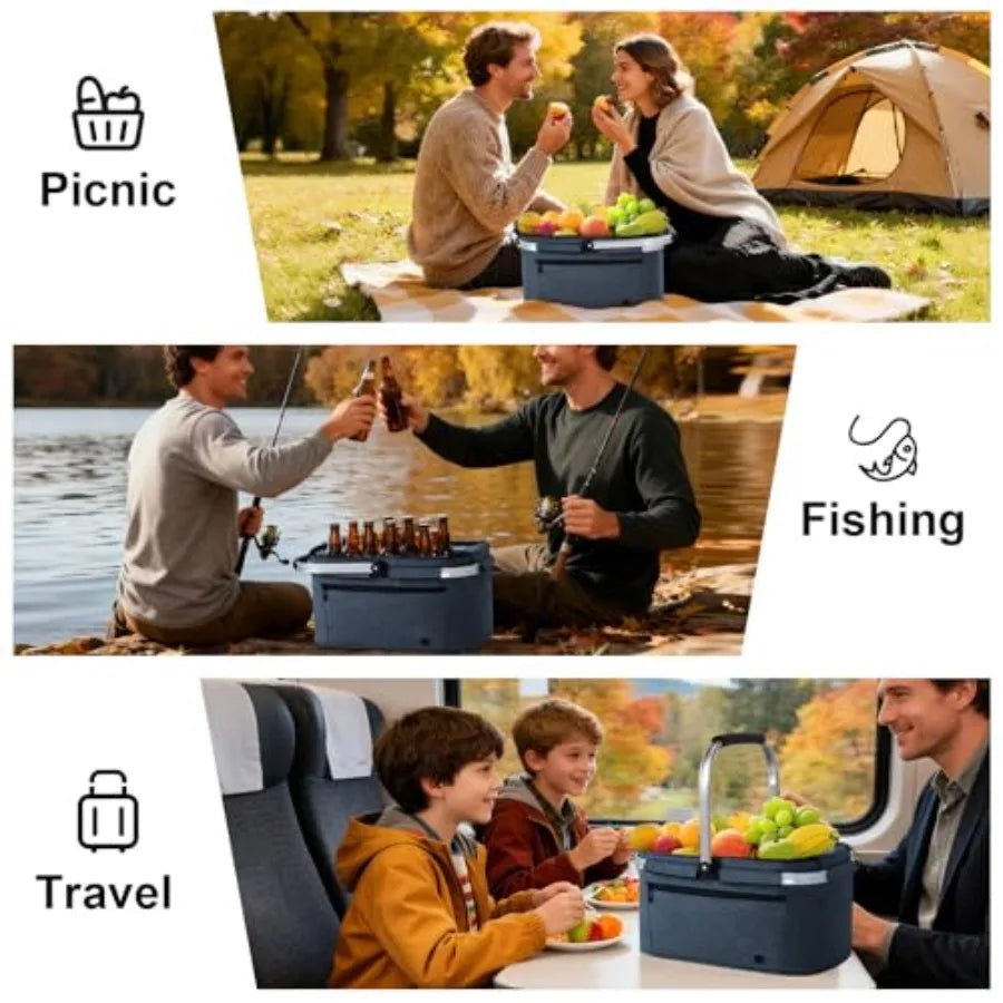 ALLCAMP Picnic Basket - 2 Ice Box Included 2L Insulated Cooler Thickening Foldable Picnic Basket with Removable Baskets and Sew