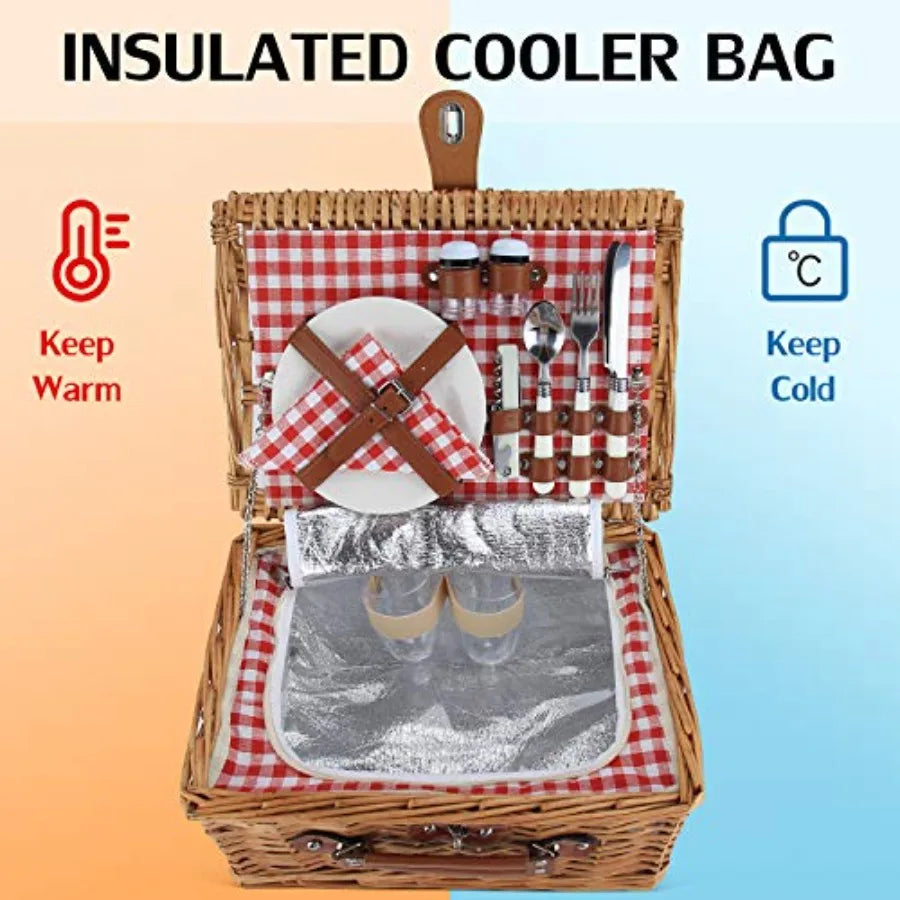 Wicker Picnic Basket for 2 Person Willow Hamper Basket Sets with Insulated Compartment Handmade 2 Person Picnic Basket Classica
