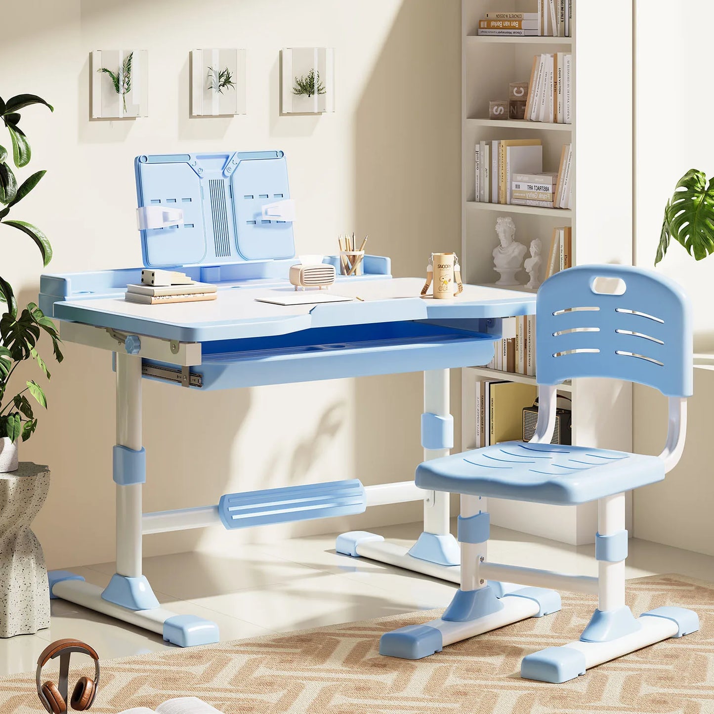 Functional Desk and Chair Set, Height Adjustable Study Desk with Tilt Desktop, Bookstand, Storage Drawer