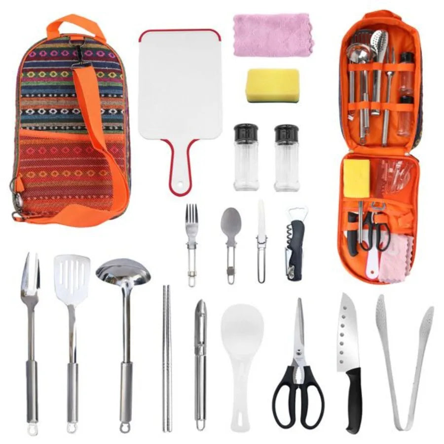 19Pcs Camping Cooking Utensil Kit Portable Picnic Cookware Outdoor Kitchen Equipment Gear Campfire Barbecue Appliances with Sto