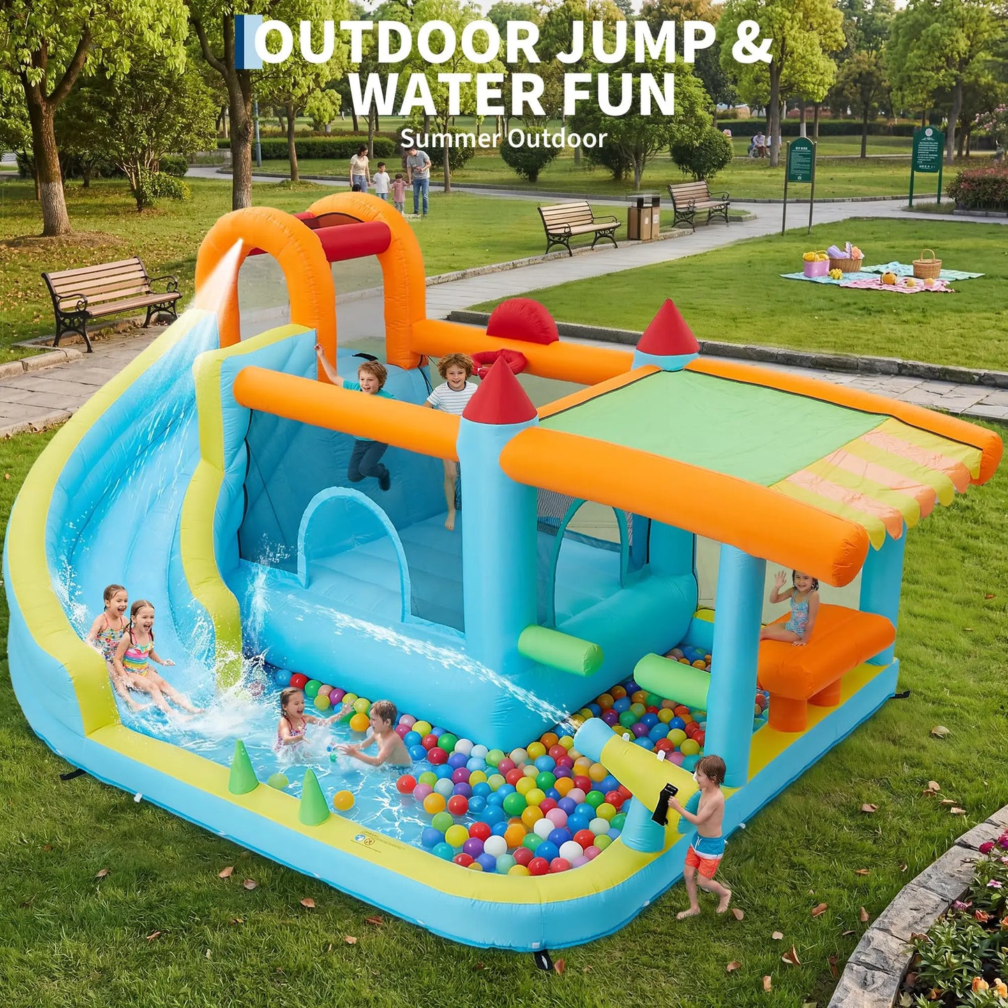 14x10FT Inflatable Bounce House 12-In-1 Wet Dry Water Slide With 450W Blower Kids Jumping Castle For Indoor Outdoor Backyard