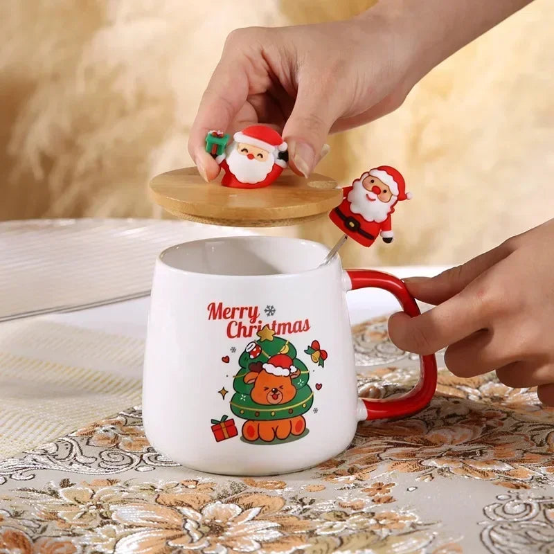 New Year Festive Christmas Xmas Theme Ceramic Mug Cup Set with Lid and Spoon Christmas Gift Box Mug Coffee Milk Tea Breakfast