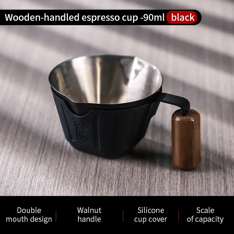Bincoo Professional Espresso Measuring Cup, 90ml Dual Spout with Wood Handle and ml/oz Scales for Barista-Level Control