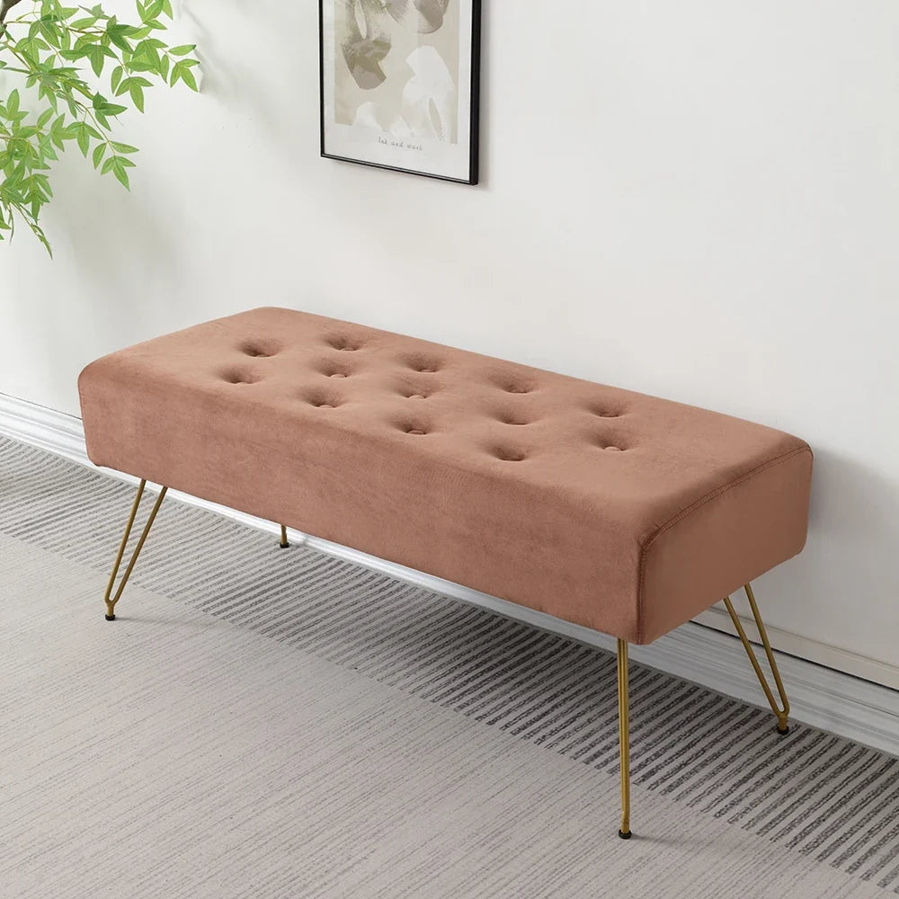 Modern Tufted Velvet Entryway Bench - Upholstered Long Shoe Bench with Gold Metal Legs for Hallway Bedroom End of Bed