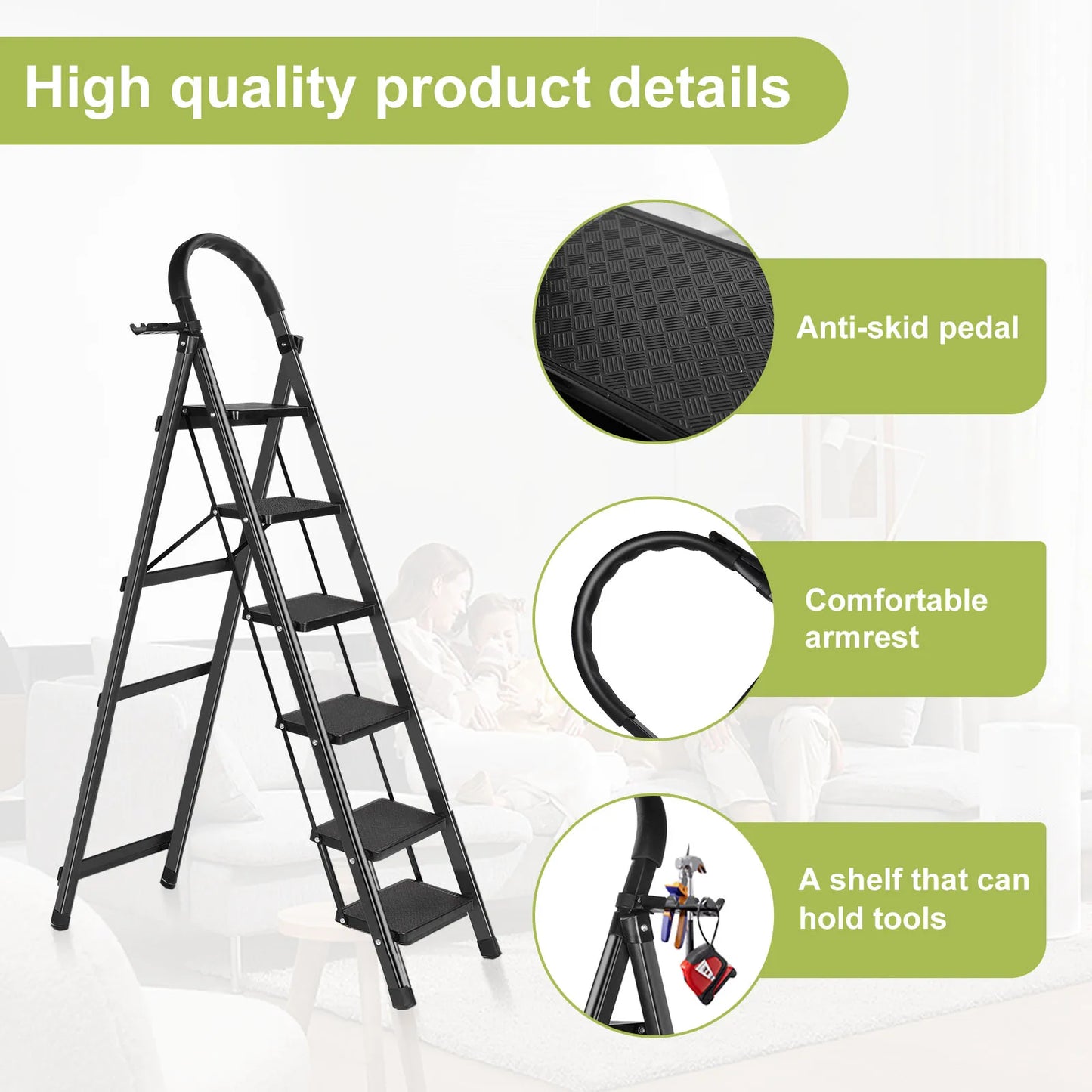 Step Ladder, Folding Step Stool, Heavy-Duty Step Ladder Stool with Handrail Wide Pedal, Anti-Slip Step Ladder with Handgrip, Mul