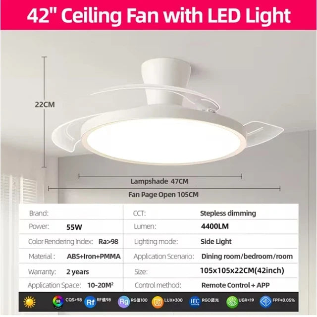 Modern Ceiling Fan Lamps silent invisible 3 folding blades blade LED lights Living room dining room Bedroom study AC95-260V