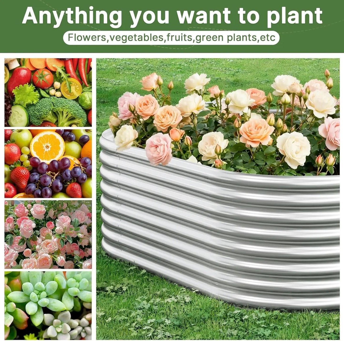 3-Piece Galvanized Steel Raised Garden Bed, Outdoor Metal Planter Box for Vegetables and Flowers, 3x2ft Size