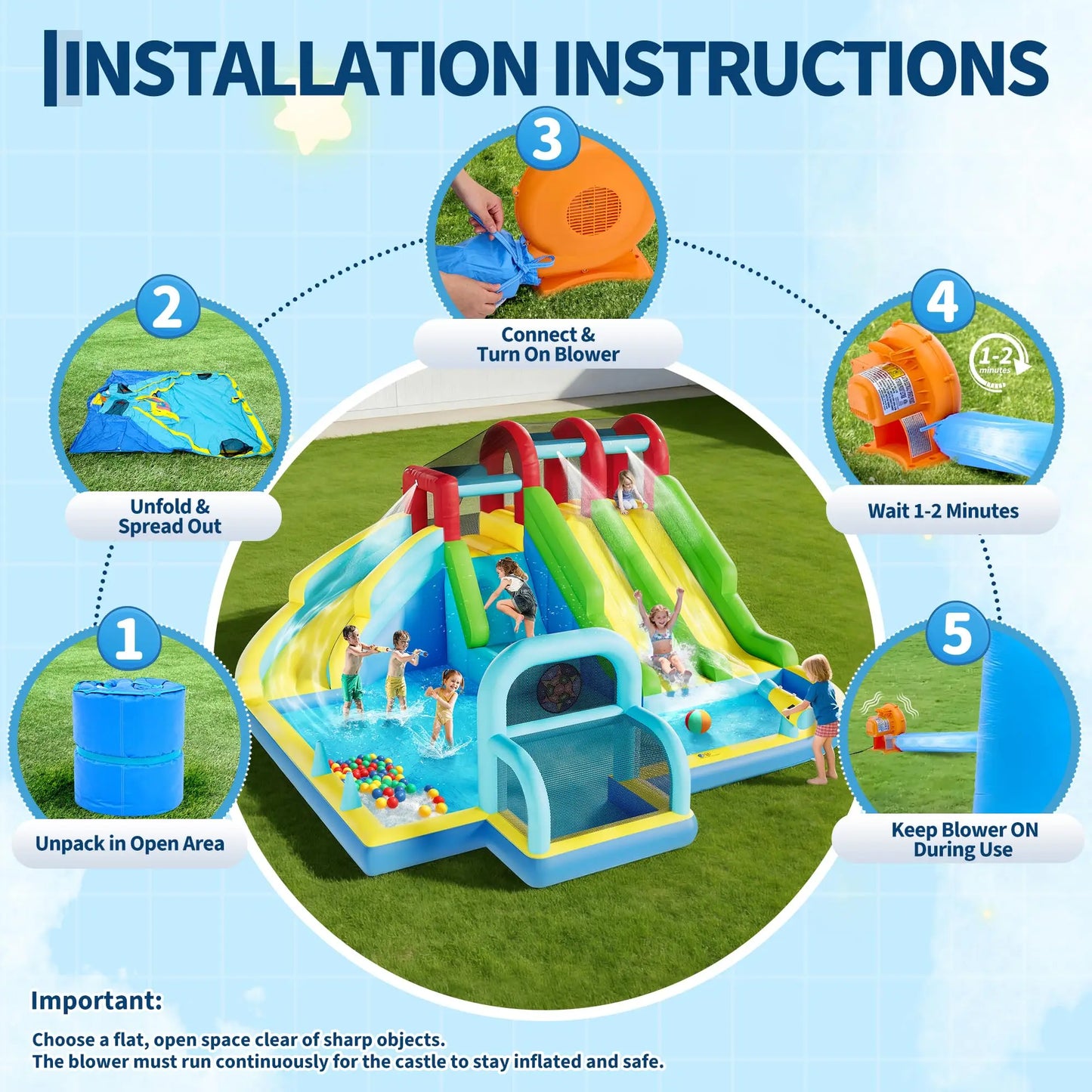 14.4x12.8FT Inflatable Bounce House With Blower 3 Water Slides Kids Jumping Castle Splash Pool For Indoor Outdoor Backyard Party
