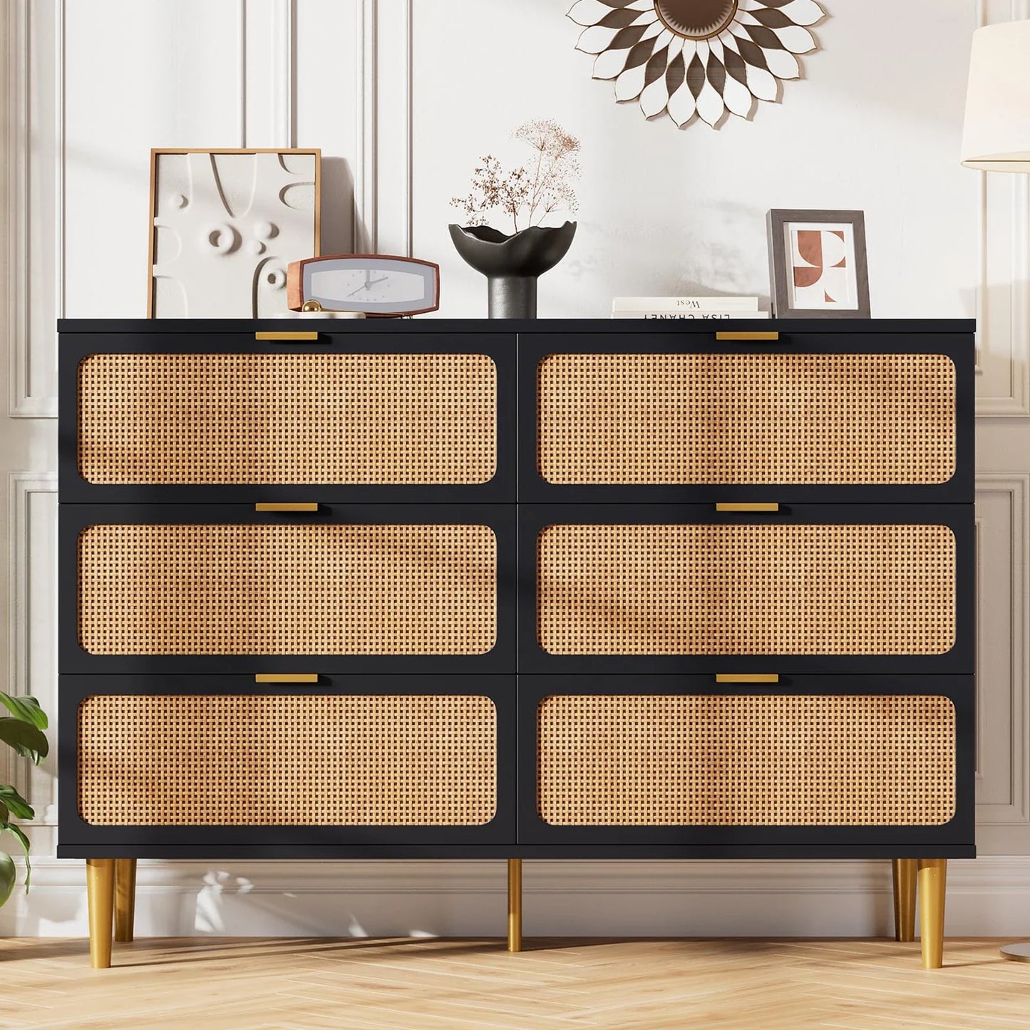 6-Drawer Rattan Dresser, Natural Hand-Woven Rattan & Wood Large Storage Dresser With Deep Drawers For Bedroom Living Room
