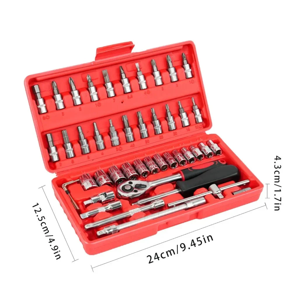 46-Piece Auto Maintenance Repair Combination Ratchet Wrench Toolbox, Vehicle-Mounted Socket Repair Set for Auto Maintenance