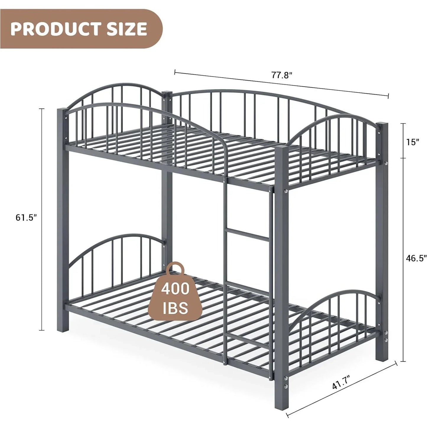 Metal Loft Bed Bunk Beds Twin Over Full Size with Heightened Safety Guardrail & Ladder, for School, Bedroom, Twin Size Grey