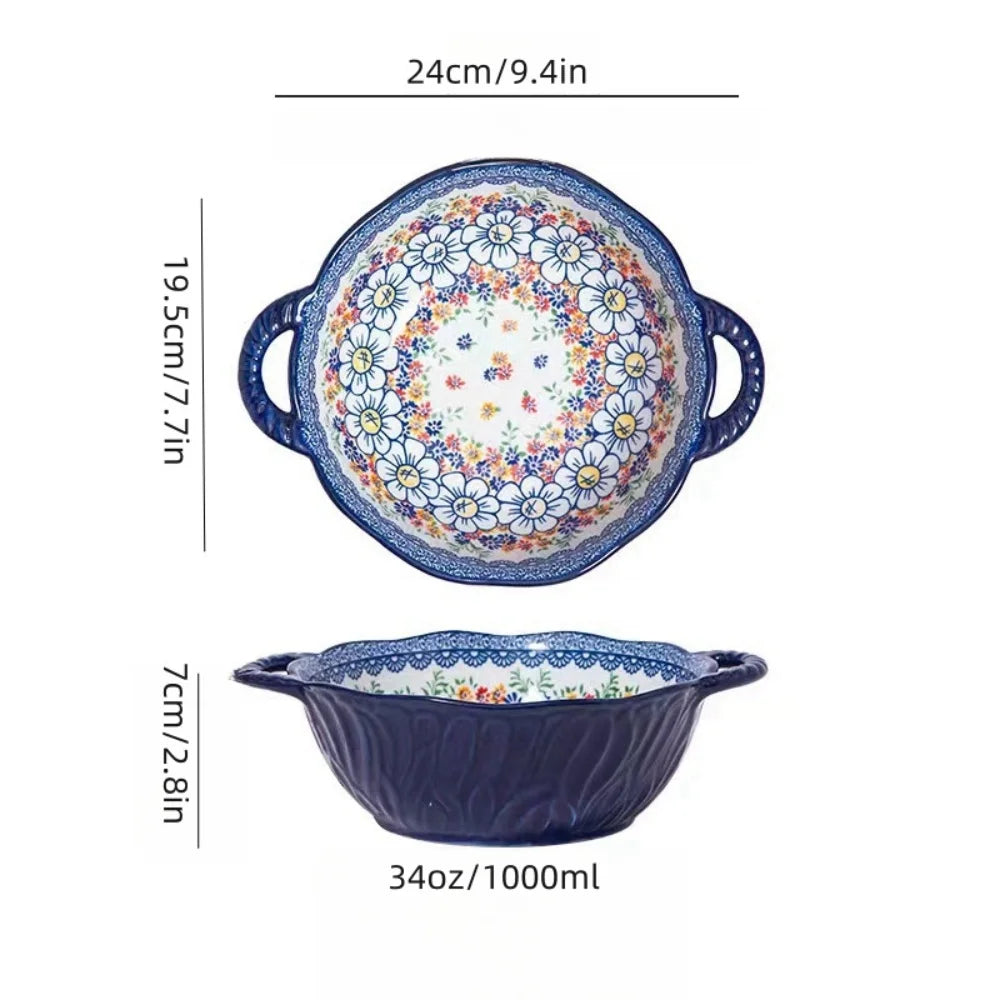 Bohemian Style Ceramic Soup Bowl with Handle Microwave Safe Embossed Design Great for serving soups salads ramen noodles