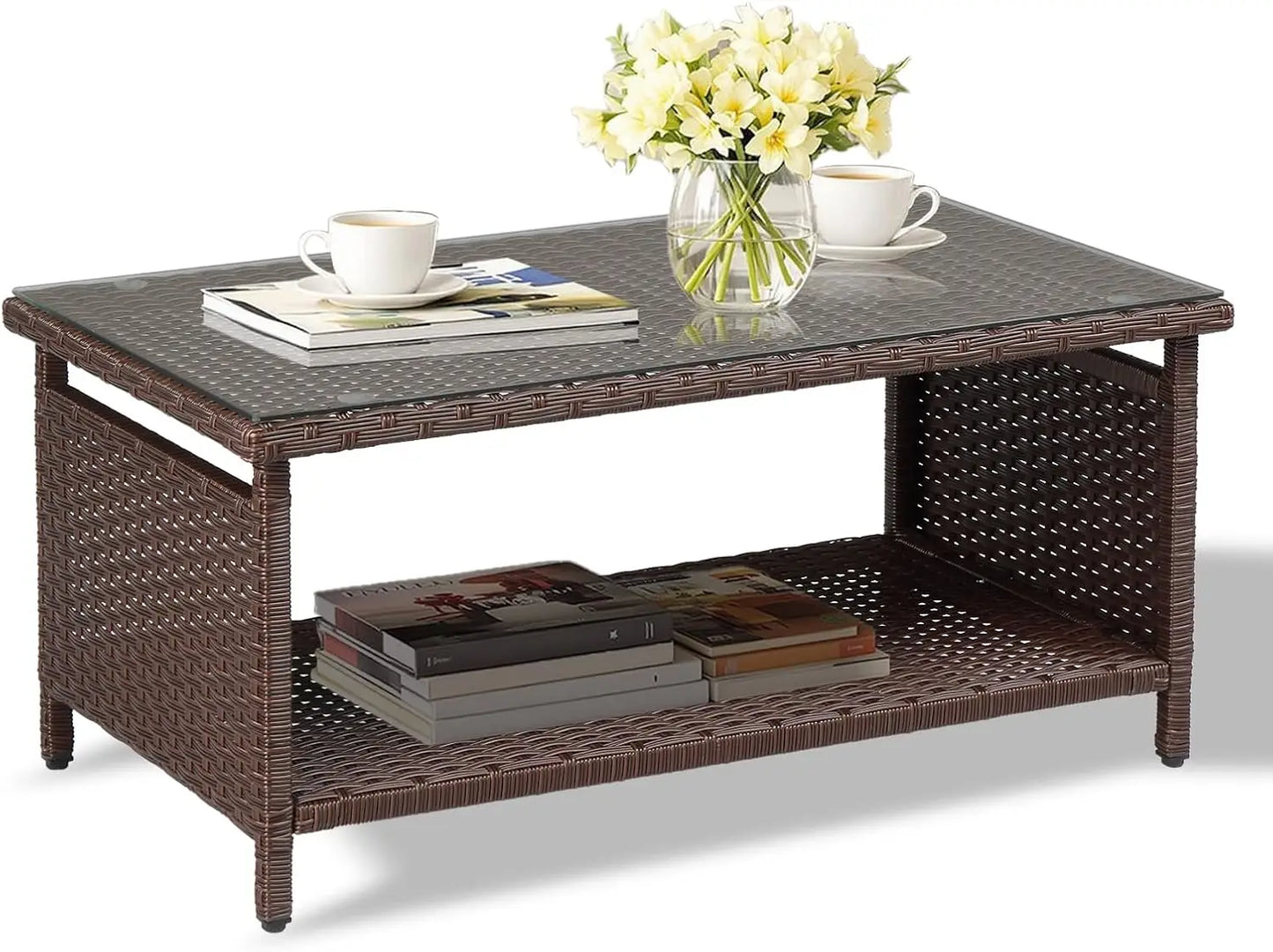 Outdoor Wicker CoffeeTable Patio Coffee Tables for Outside, Tempered Glass Top Wicker Table with Storage Coffee Table for Patio