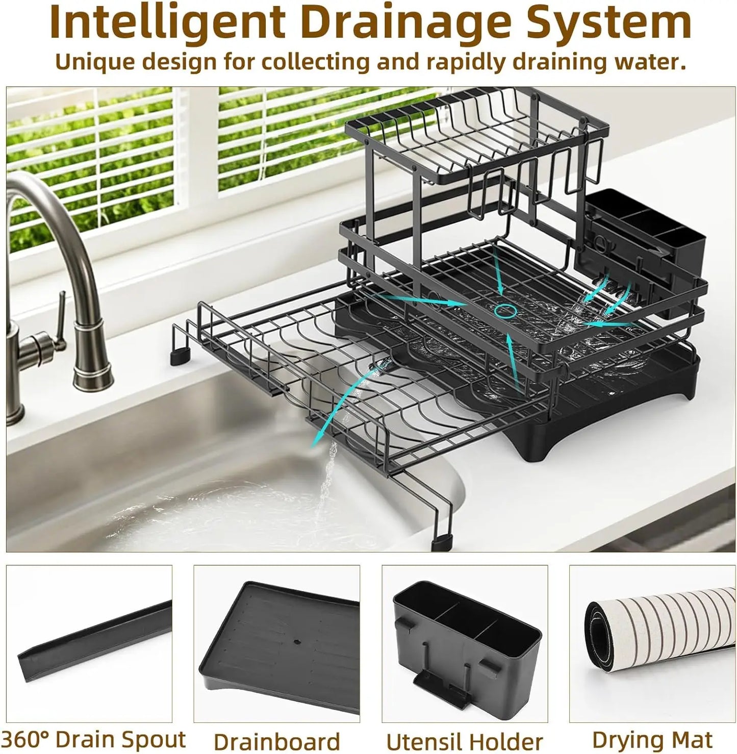 2 Tier Dish Drying Rack, Anti-Rust Large Dish Drainers for Kitchen Sink with Dish Drying Mat