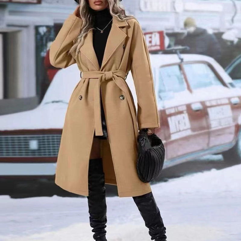 Double-Breasted Lapel Trench Coat with Belt