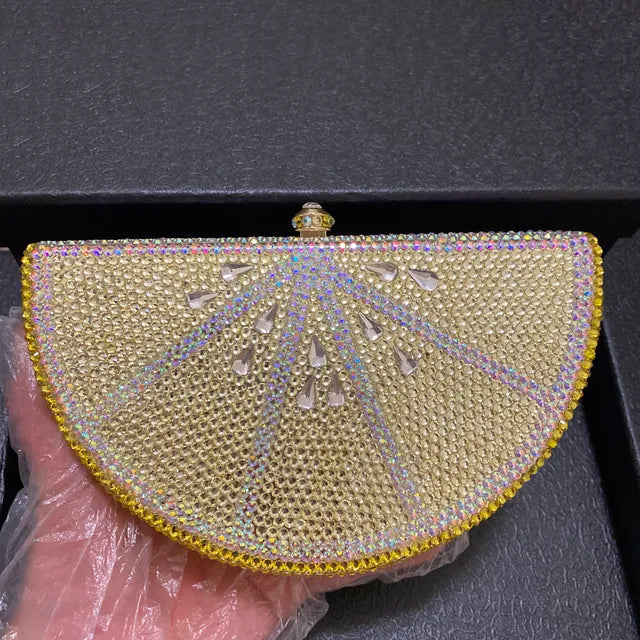 Lemon Shape AB/Gold Rhinestone Small Women Shoulder Bag Luxury Designer Lady Girls Evening Clutches Wedding Party Chain Purse