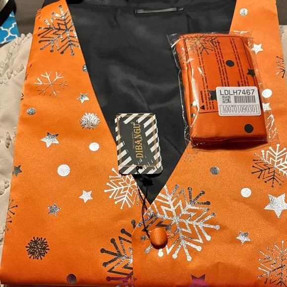 DiBanGu Orange Silver Christmas Snowflake Vest Bow Tie Set Size L