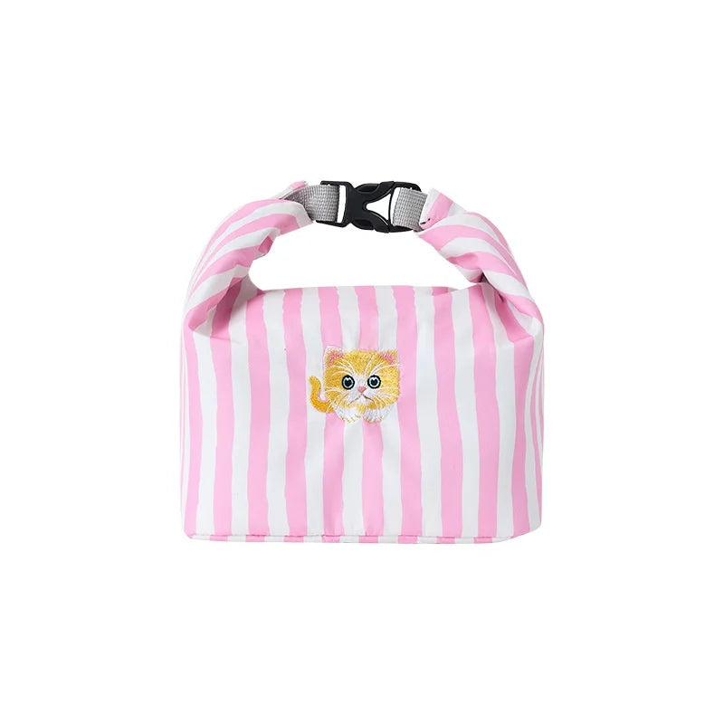 New Pink Striped Strawberry Cat Insulated Cute Lunch Handbag Large Capacity Folding Roll Bento Bag Picnic Food Fresh Cooler Bag