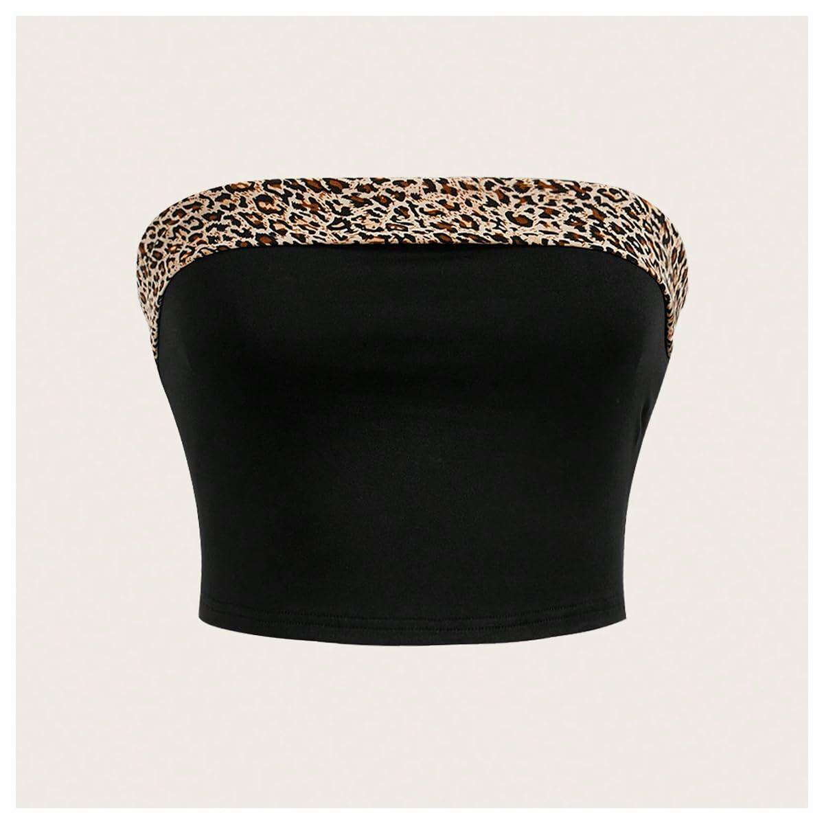 BEAUDRM Women's Leopard Crop Tube Top Strapless Sleeveless Black Size L