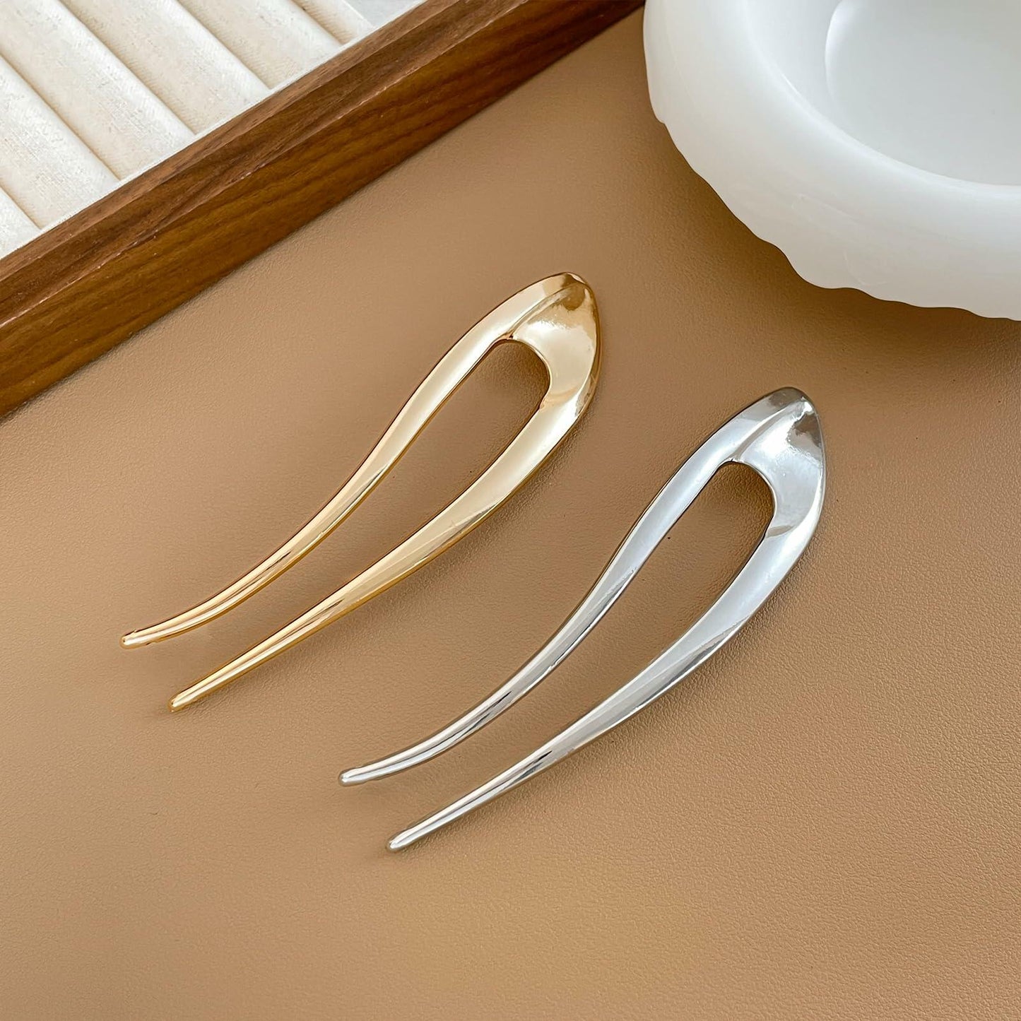 enophe 2PCS 5.12in U Shaped French Twist Metal Hair Pins Gold Silver