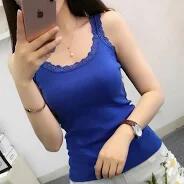 miduo Womens Tank Top Slim Fit Scoop Neck Lace Trim Ribbed Knit Navy Size L