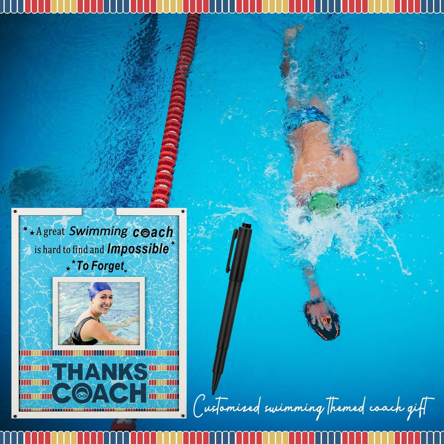 Yuntau Swimming Coach Frame Plaque Blue Wood Chips Signature Pen Gift