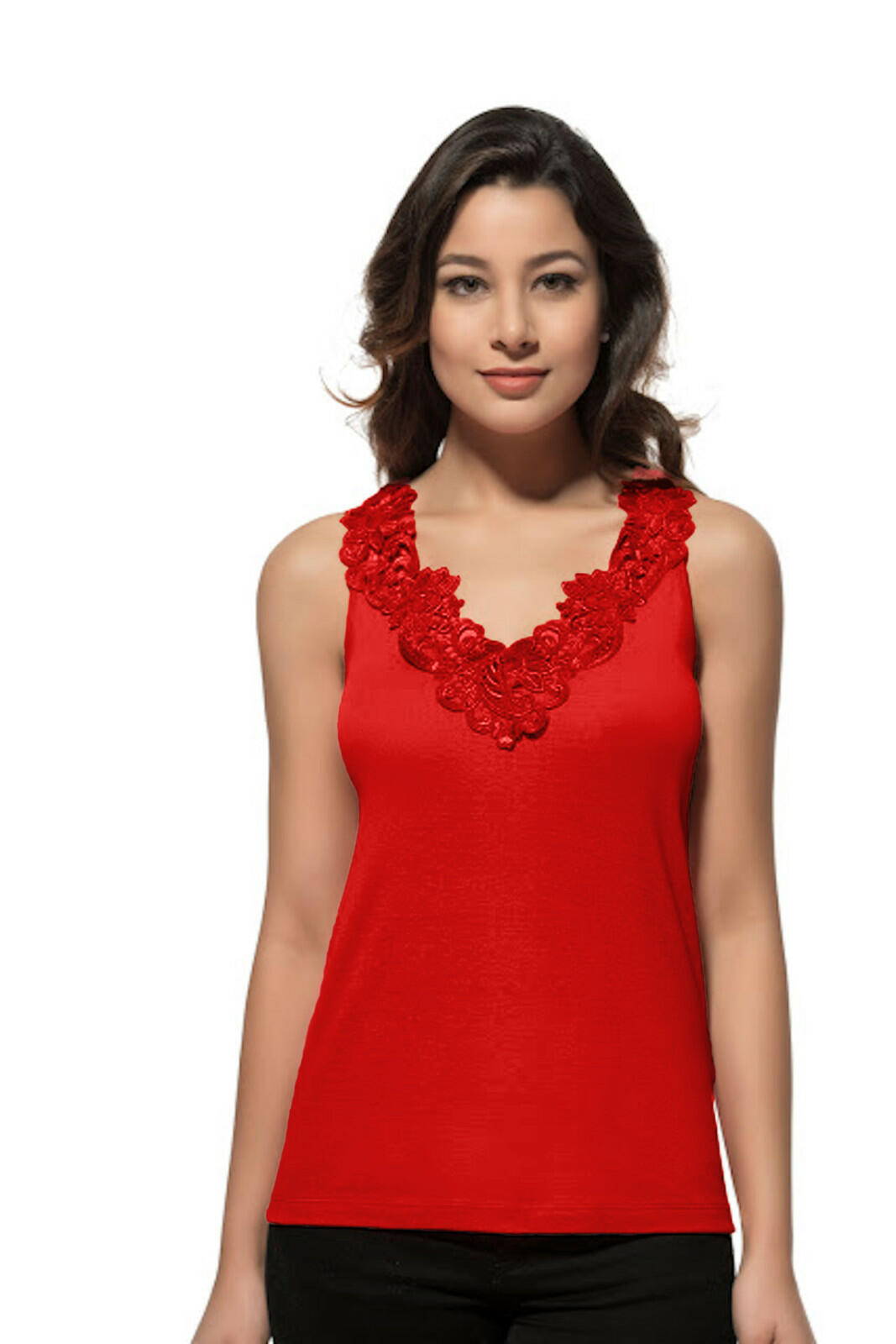 miduo Womens Slim Fit Scoop Neck Lace Trim Ribbed Knit Tank Top Red Size L