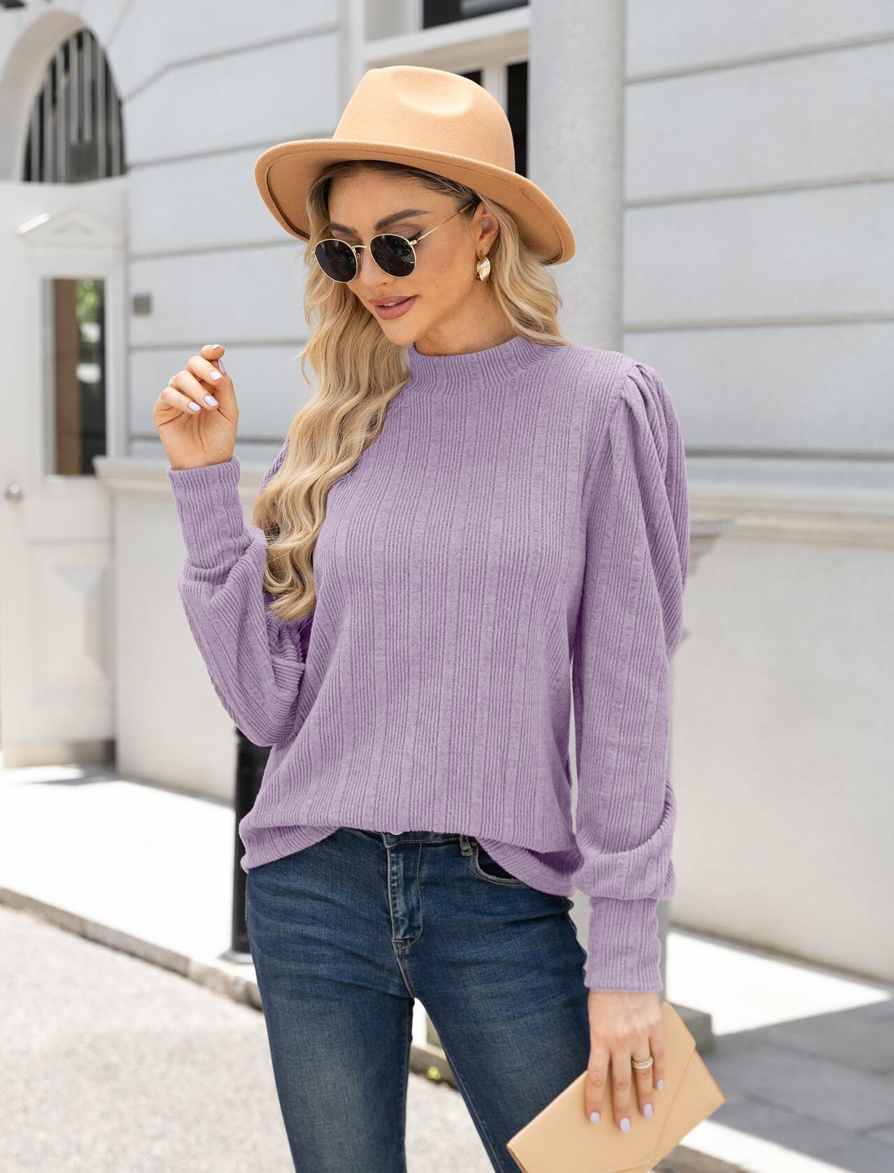 JUSTFASHIONNOW Womens Ribbed Knit Puff Sleeve Sweater Purple Size XL