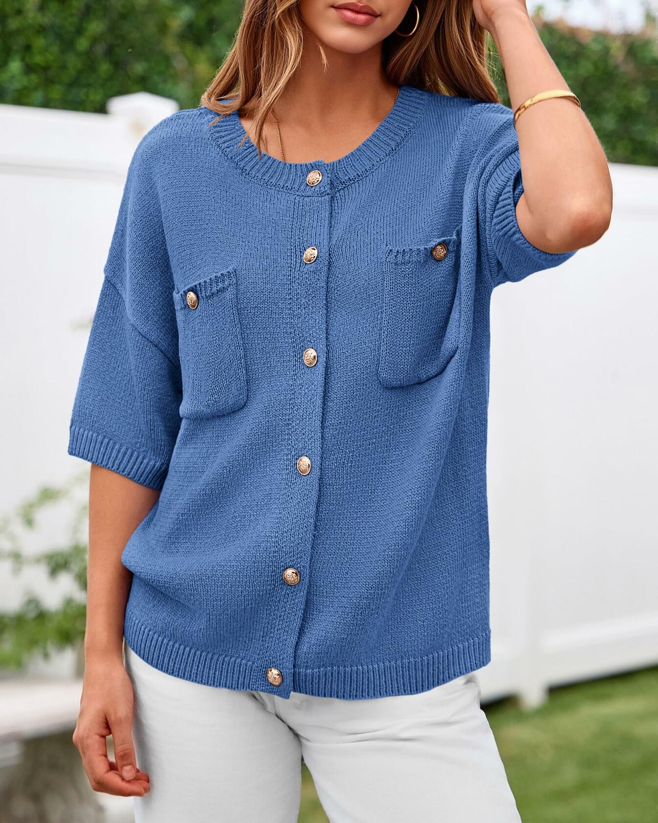 BTFBM Women's Short Sleeve Button Up Cardigan Sweater Blue Size S