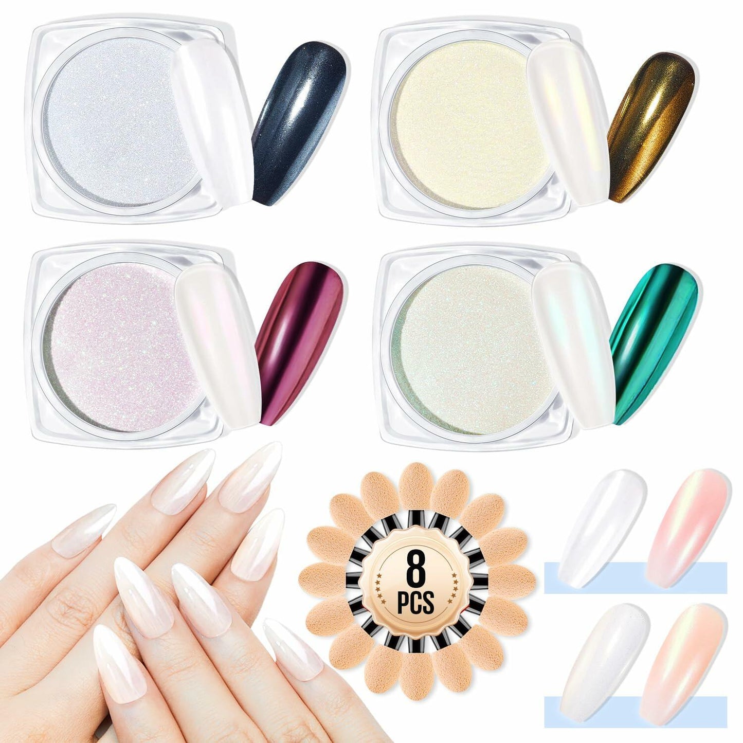 MEFA White Pearl Chrome Nail Powder 4 pcs Mirror Effect Pearlescent Pigment