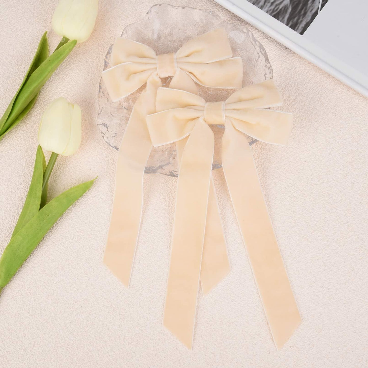 Aileam 2PCS Velvet Hair Bows Ivory Beige Big Fall Alligator Clips