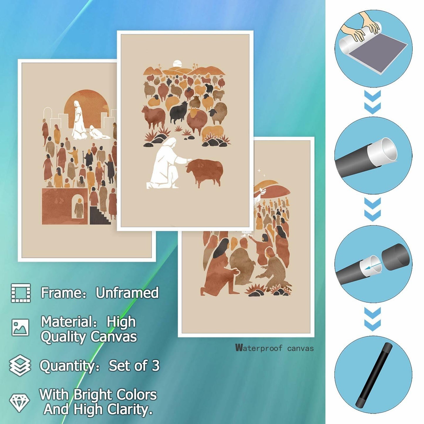 FBKDVC Christian Canvas Wall Art Set 3 Jesus Shepherd 16x24in Unframed