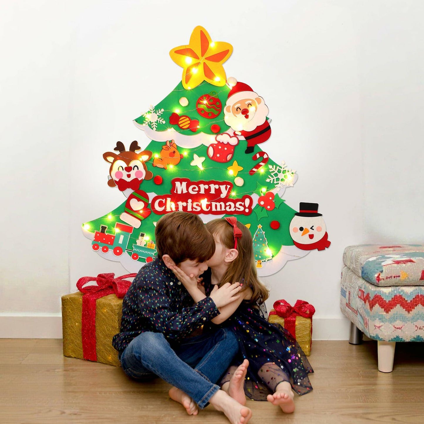 TOBEHIGHER 3Ft DIY Felt Christmas Tree with 29 Ornaments&String Light Snow Edge